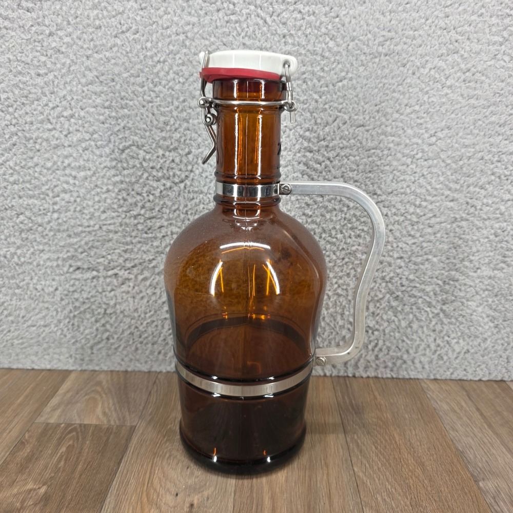 Vintage Amber Glass Beer Growler with Metal Handle and Swing Top Lid 12.5"